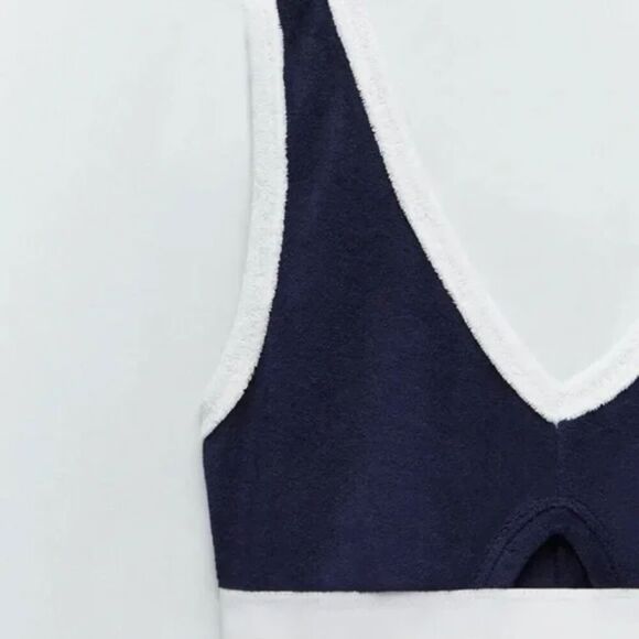 ZARA Terry Cloth 70s Womens Crop Tank Top Bralette Navy White Cut Out V Neck M - Picture 4 of 7